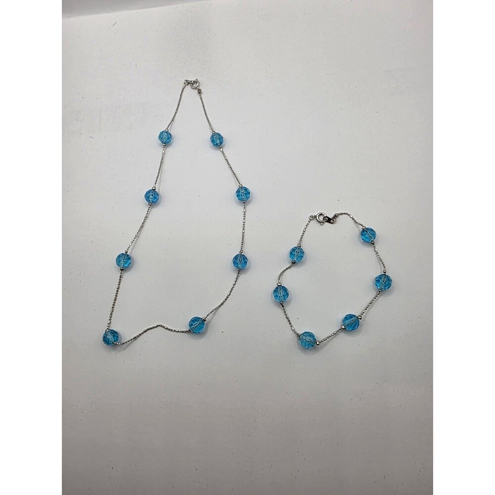 Blue Beads on Chain Necklace 16" W/ Bracelet